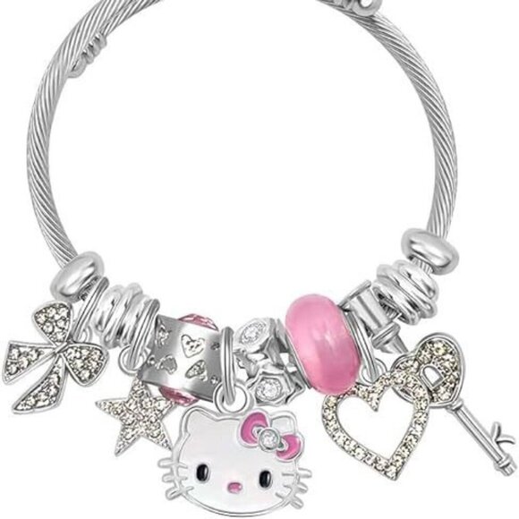 Hello Kitty Multi Charm Bracelet, Simulated Diamond, Enamel, Silver - Picture 1 of 2